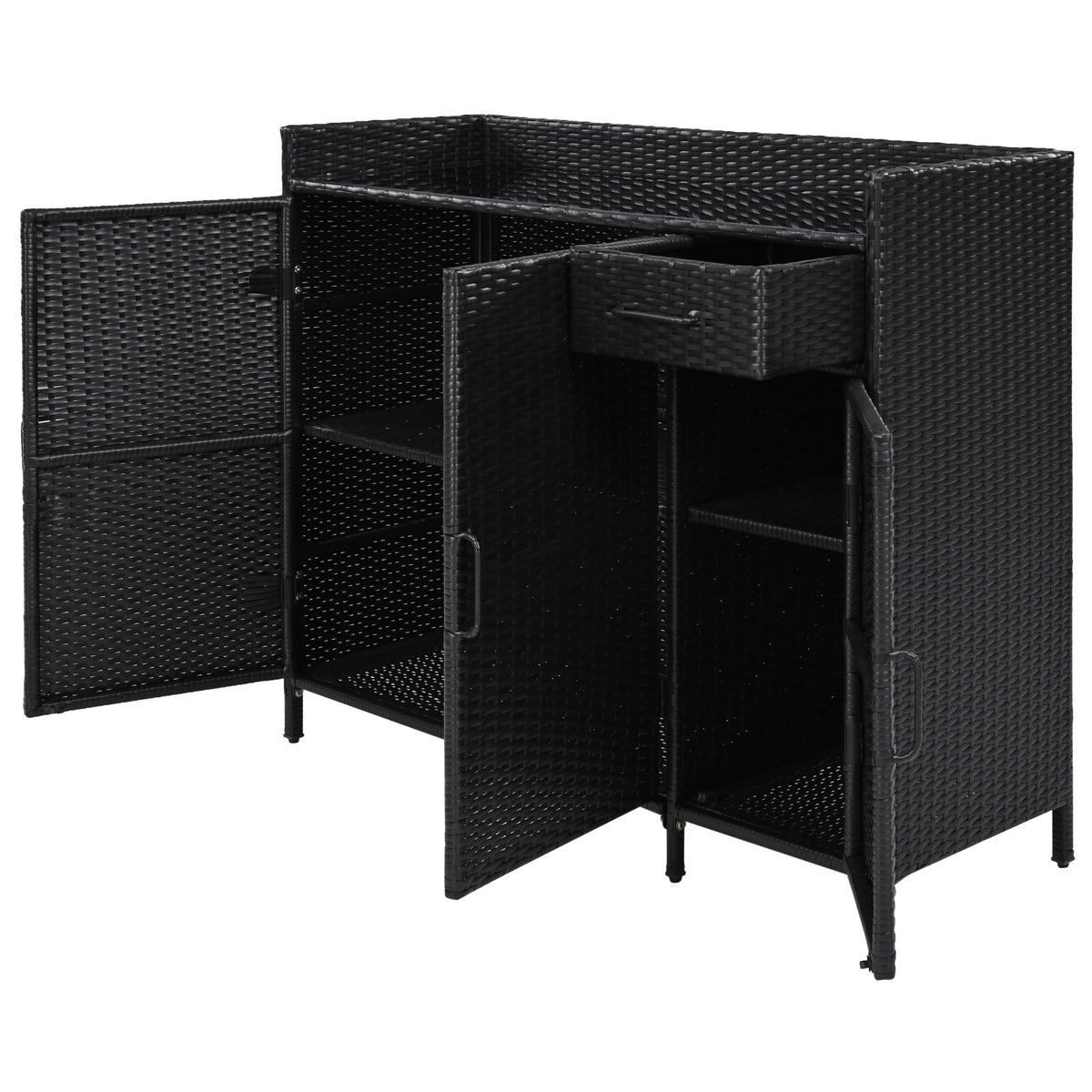 variant-group:rf-n707p233745b|Roomfitters 47.5" Wicker Outdoor Storage Cabinet, Rattan Bar Table with Glass Top, Adjustable Shelf, 3 Doors, Black Brown