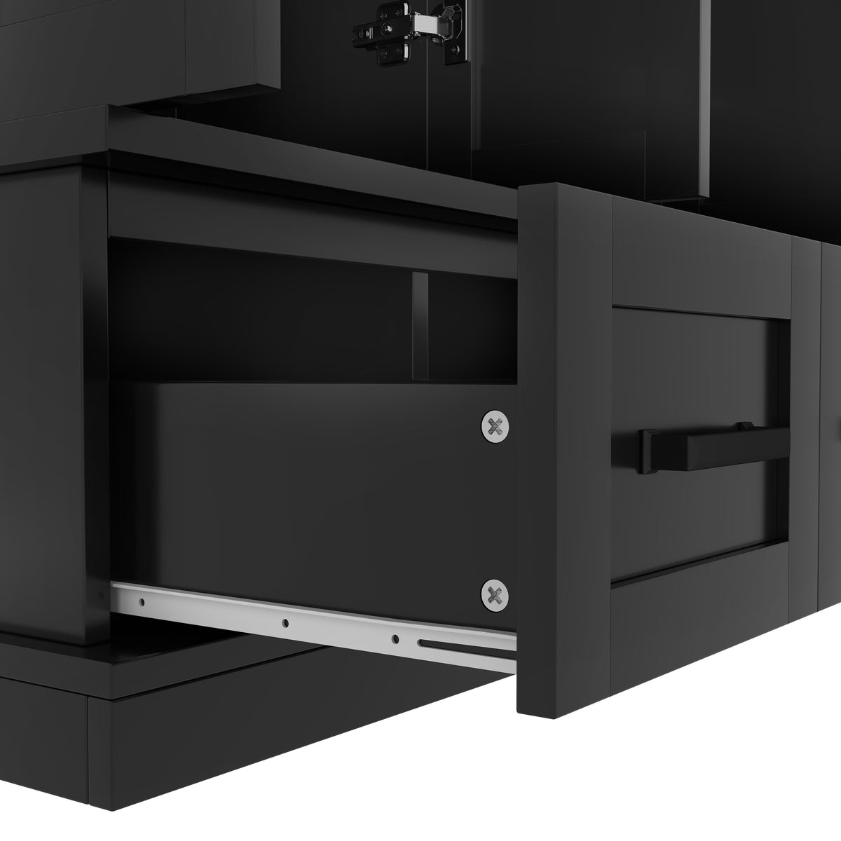variant-group:rf-n724sj000139aab|Roomfitters 78.7" Hall Tree with Bench, 5 Cubbies, 4 Doors, 5 Drawers, Adjustable Shelves, Black