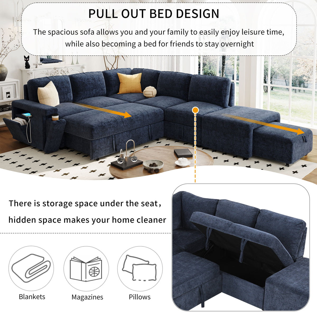 variant-group:rf-n711wy000390aac|Roomfitters L-Shaped Padded Modular Sofa with Storage Space, USB Ports, and Cup Holders on the Armrests, Suitable for Living Rooms, Offices, and Apartments, Blue