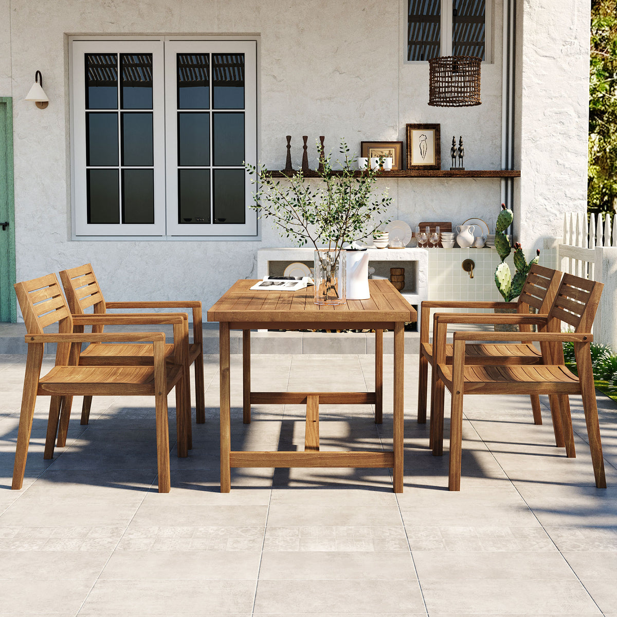 variant-group:rf-n711wy000477aao|Roomfitters Farmhouse 5-Piece Outdoor Dining Set for 4, 59-Inch Rectangular Table, Umbrella Hole, Natural Wood Patio