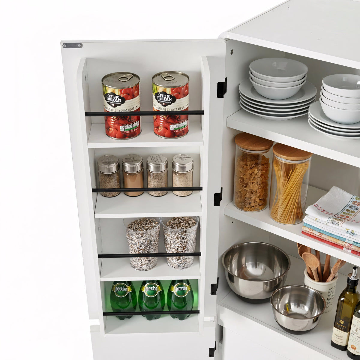 variant-group:rf-n707s000021w|Roomfitters 72" Tall Farmhouse Kitchen Pantry Cabinet with Curved Profile & 8 Door Shelves, White