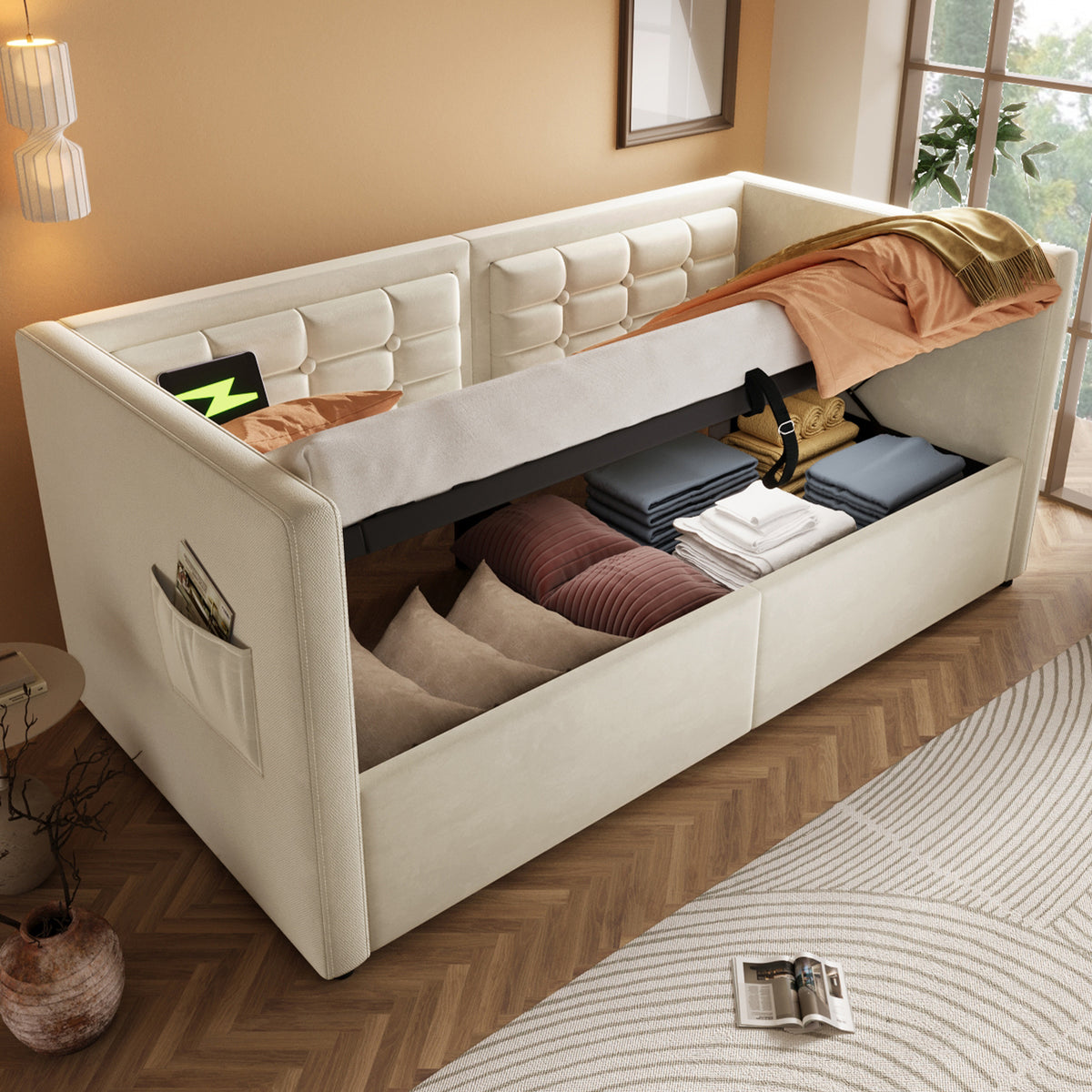 variant-group:rf-n736p303402b|Roomfitters Upholstered Twin Size Daybed with Storage, USB & Type-C Charging, Tufted Sofa Back, Velvet Beige