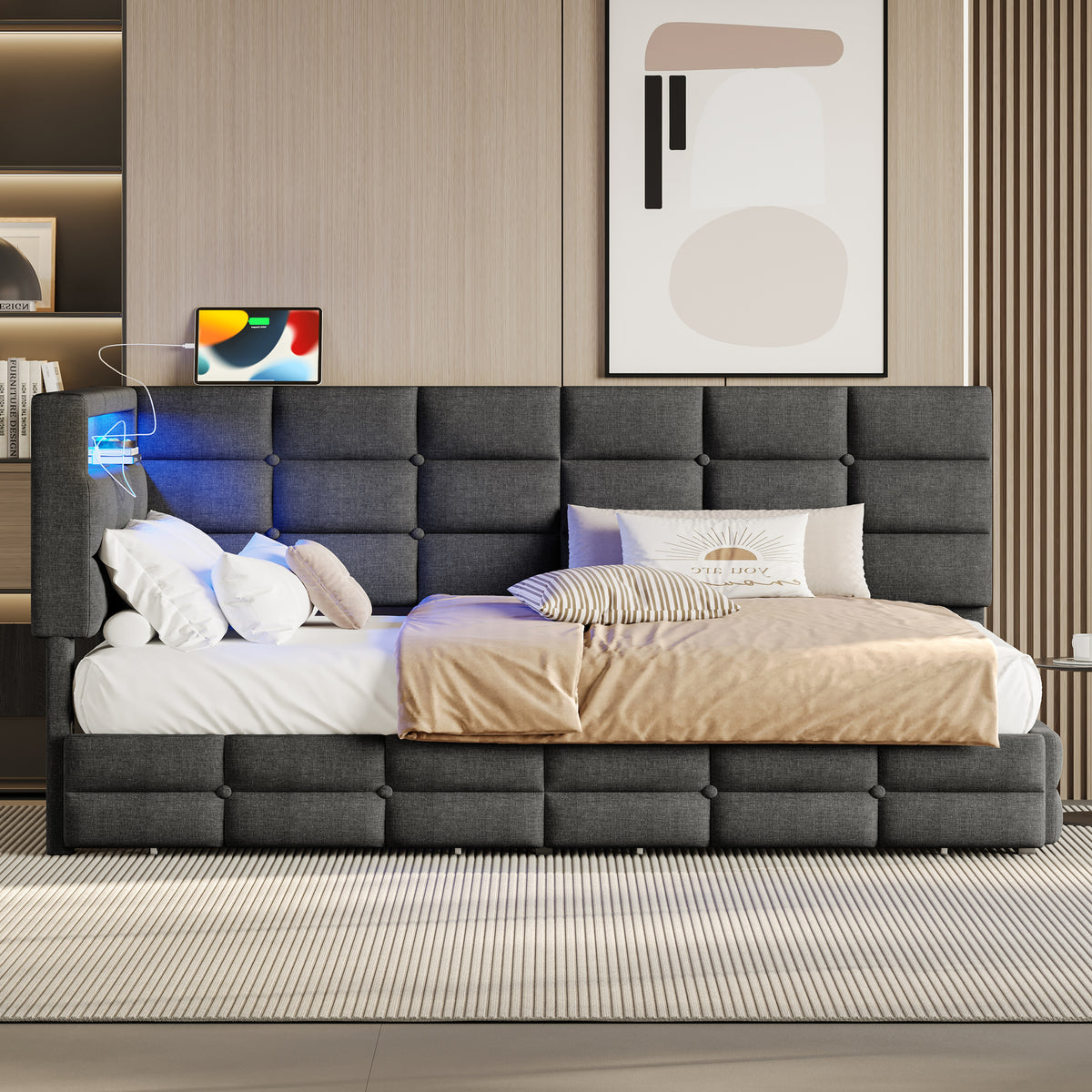 variant-group:rf-n733p285121e|Roomfitters Upholstered Twin Size Daybed with Storage Drawers and Charging Station, Bed Frame with Storage Headboard, No Box Spring Needed, Gray