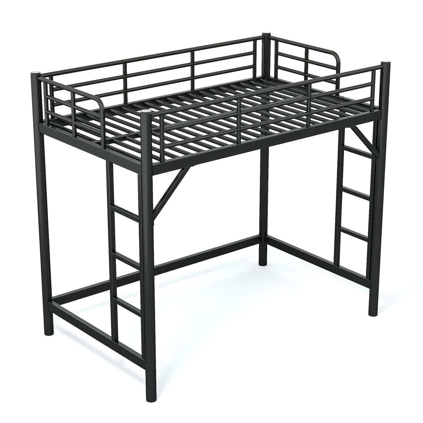 variant-group:rf-w1580p455010|Roomfitters Twin Size Metal Loft Bed Frame with Guardrails, Heavy Duty Space Saving High Loft Bed Dual Ladders, Black