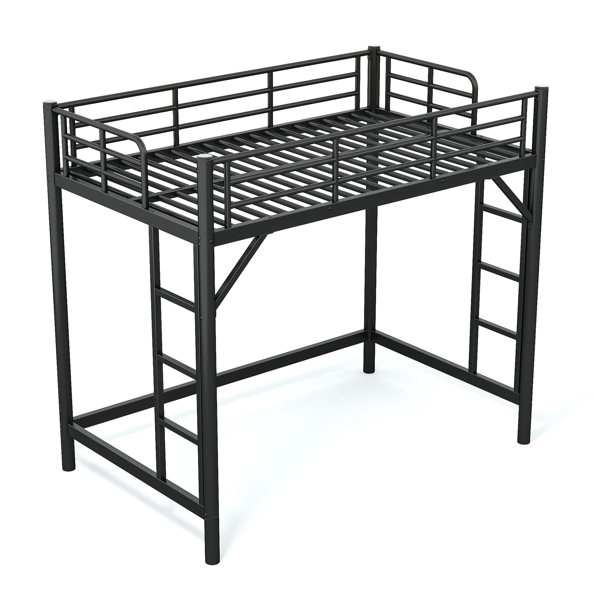 variant-group:rf-w1580p455010|Roomfitters Twin Size Metal Loft Bed Frame with Guardrails, Heavy Duty Space Saving High Loft Bed Dual Ladders, Black