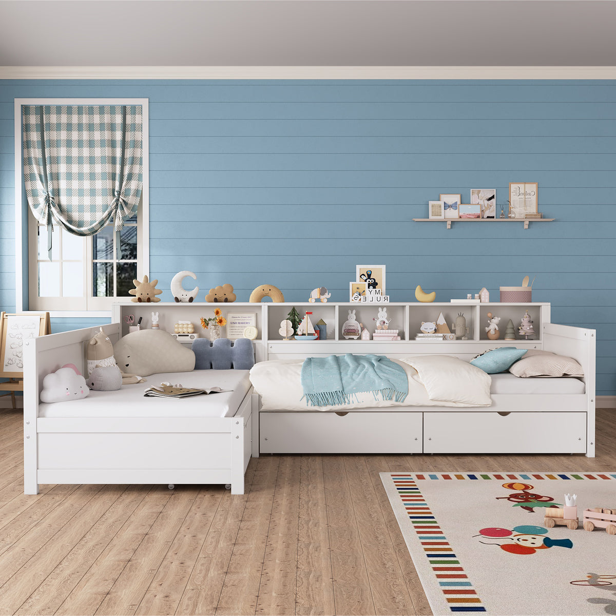 variant-group:rf-n733s369272k|Roomfitters Twin L-Shaped Daybed for 2 with 3 Storage Drawers, Wooden Corner Bed Frame with Bookshelf for Bedroom, White