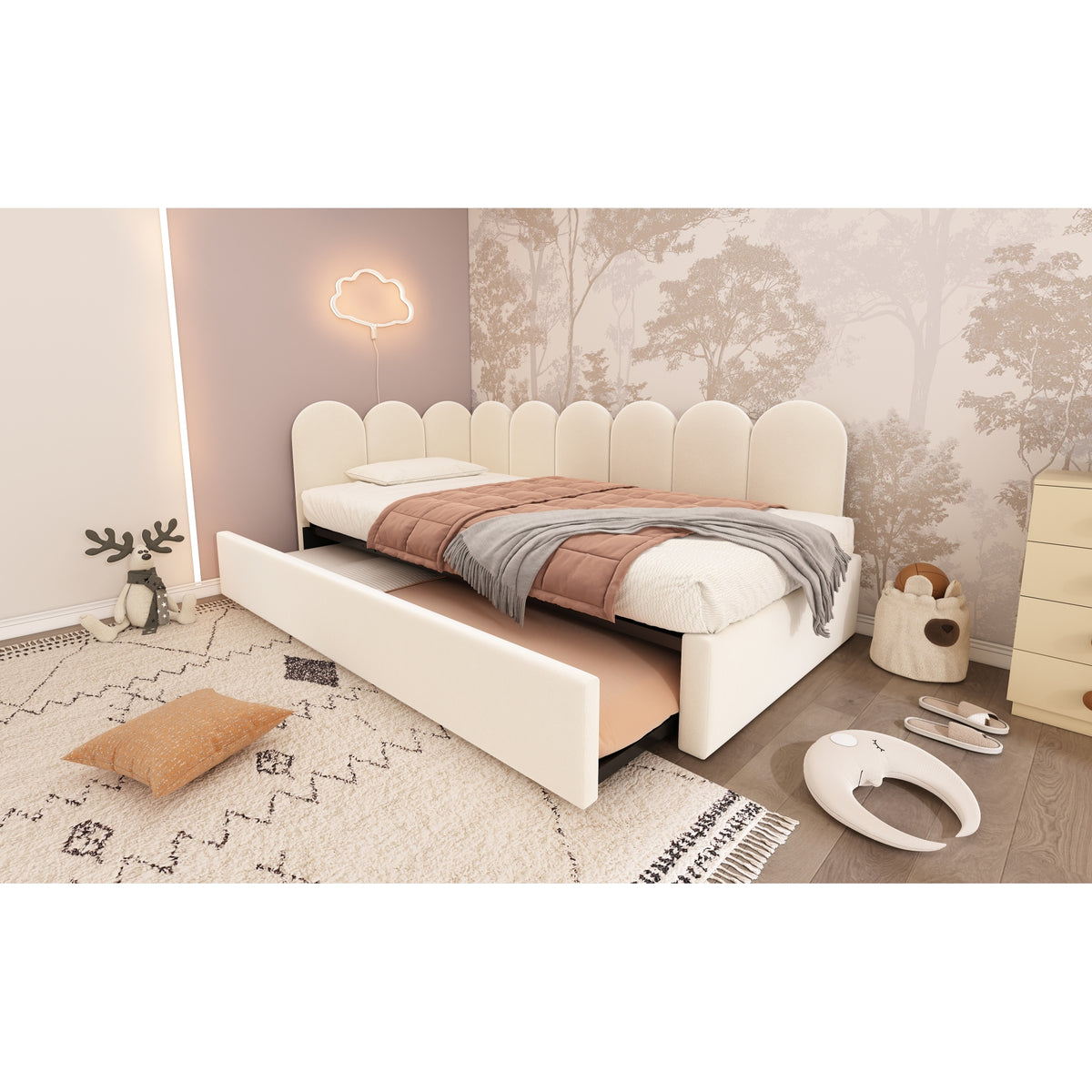 variant-group:rf-n736aa20362122b|Roomfitters Velvet Upholstered Twin Daybed with Pull Out Trundle, Sofa Bed with Metal Slat Frame, Beige