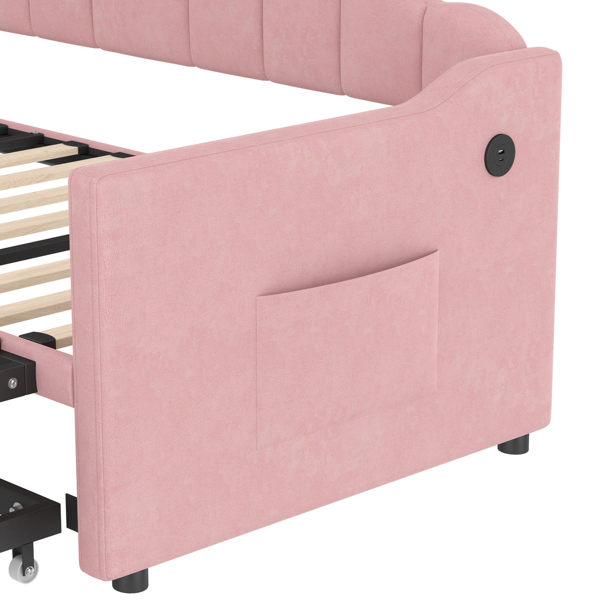Roomfitters Upholstered Twin Size Daybed with Adjustable Pop-Up Trundle, Sofa Bed with USB & Type-C Ports and Side Pockets, Pink