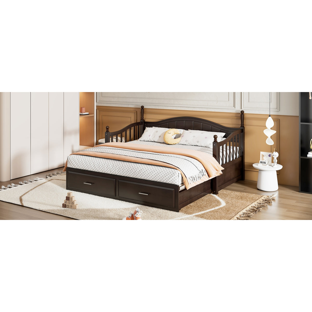 variant-group:rf-n733s173459p|Roomfitters Wooden Twin Size Daybed with Expandable Design, Twin Trundle and Two Practical Storage Drawers, Espresso