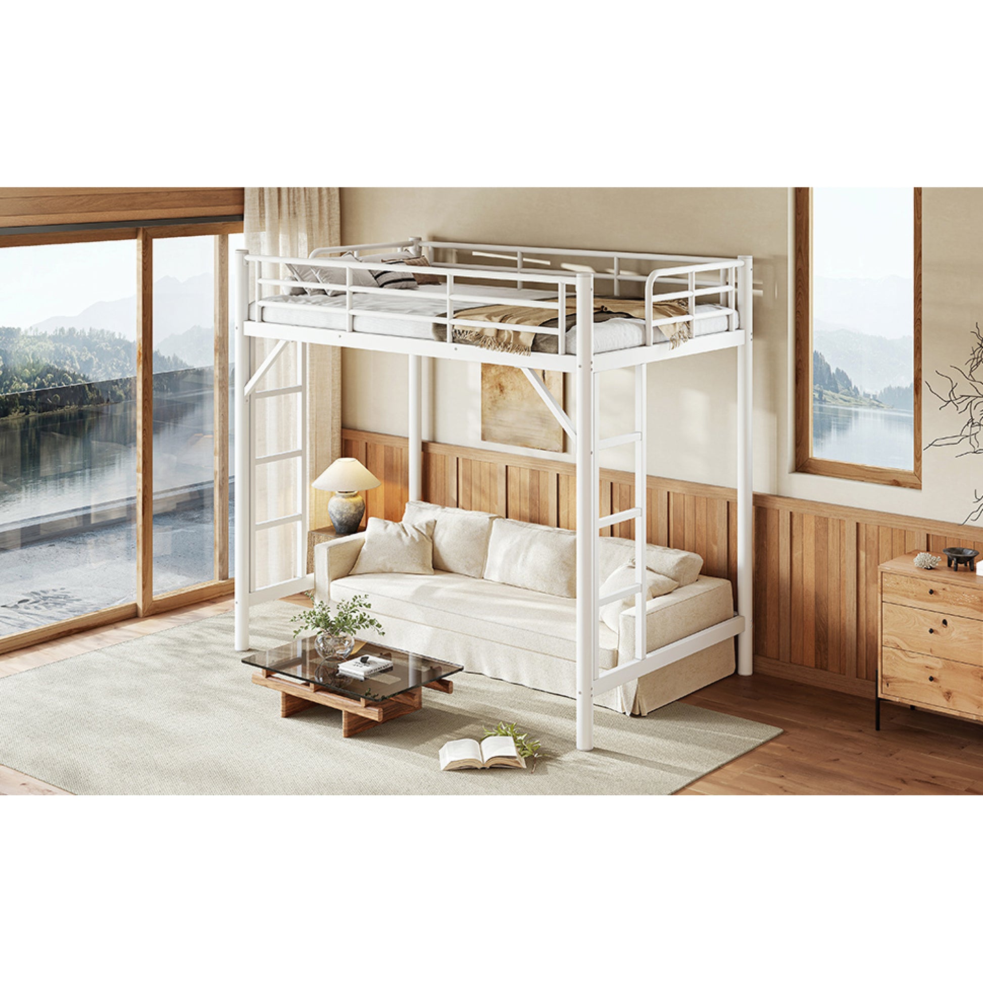 variant-group:rf-w1580p455012|Roomfitters Twin Size Metal Loft Bed Frame with Guardrails, Heavy Duty Space Saving High Loft Bed Dual Ladders, White