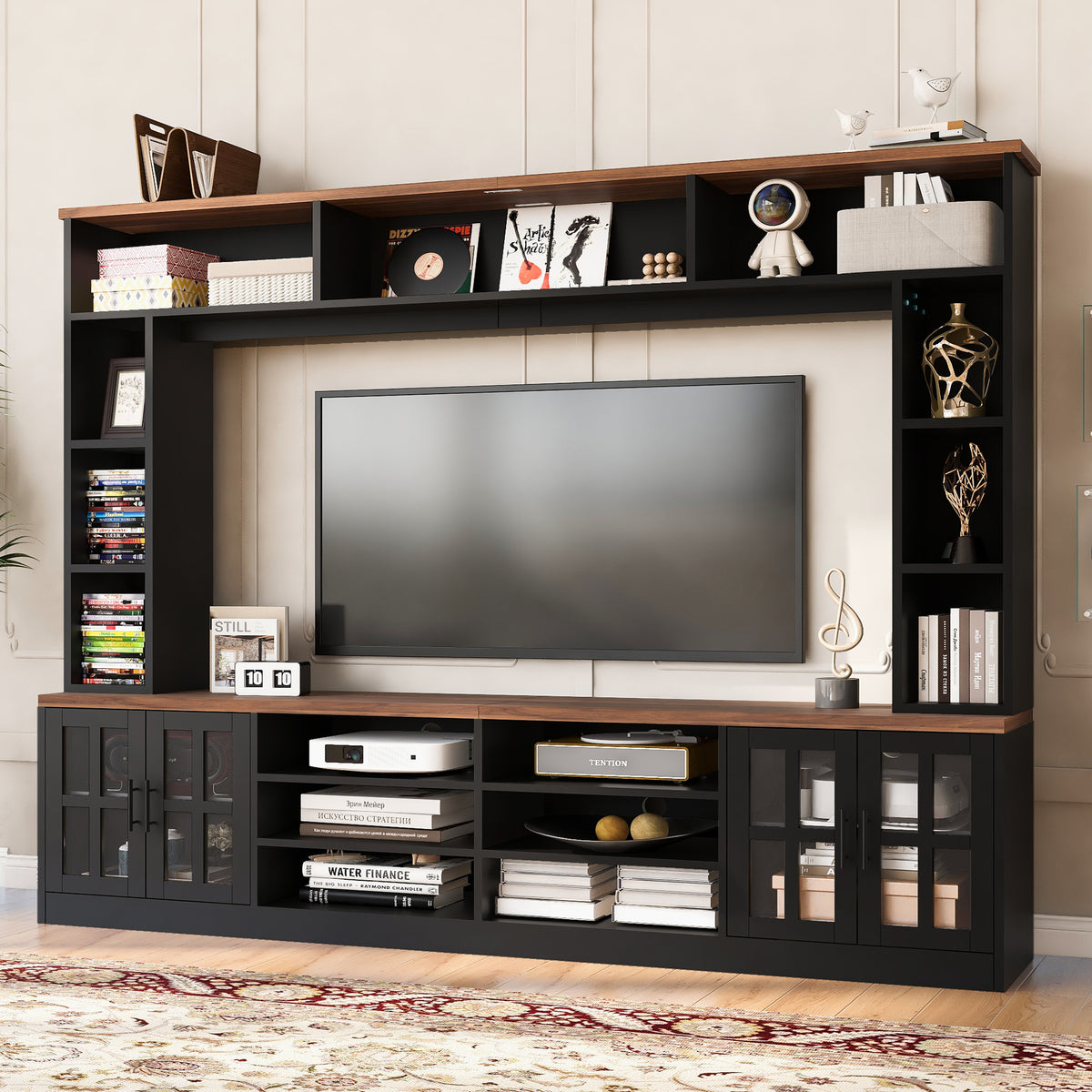 variant-group:rf-n724sj000161aab|Roomfitters 102"W Wall Unit Modern Entertainment Center, 18 Open Storage Shelves, Black