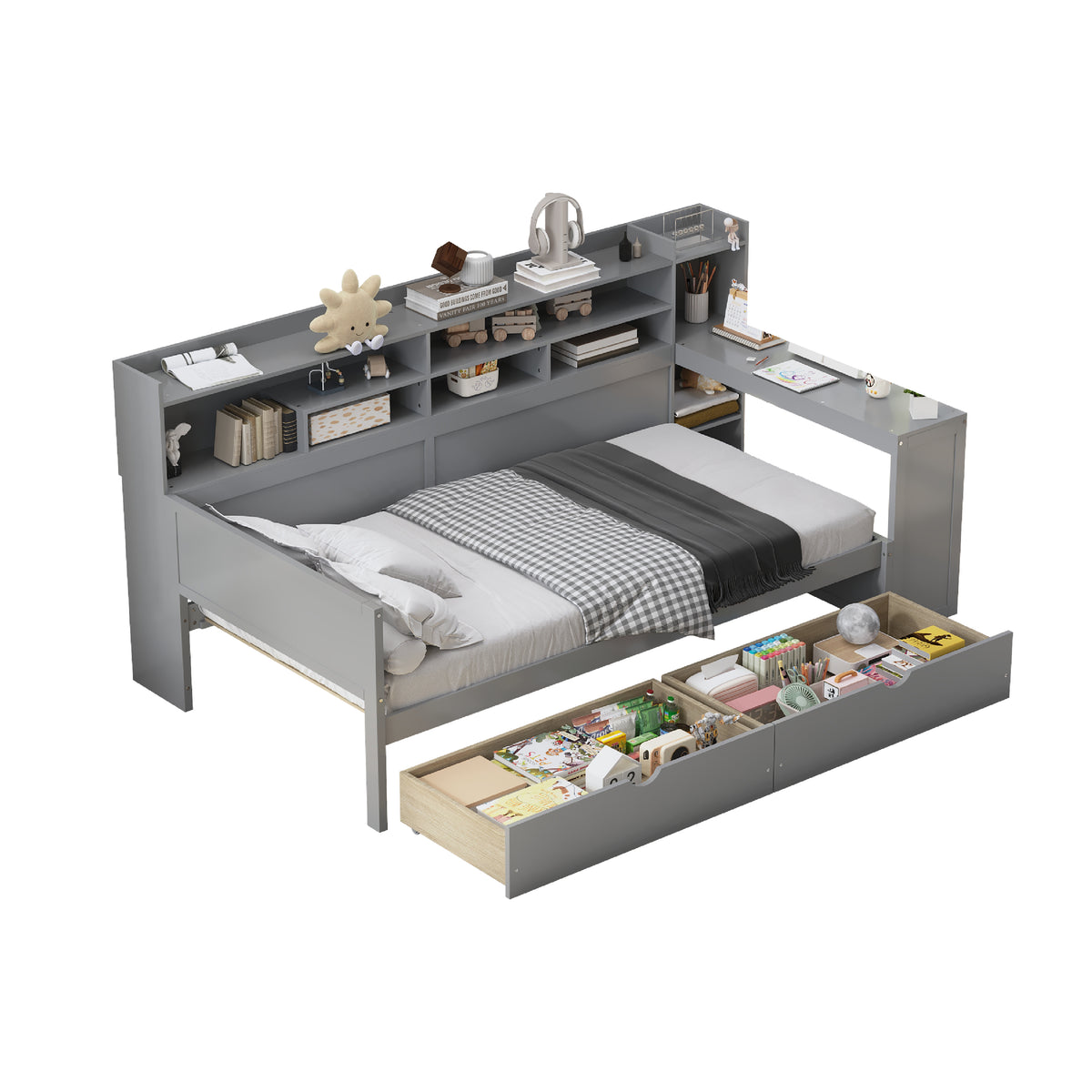 variant-group:rf-n733s241484e|Roomfitters Wooden Twin Size Daybed with Storage Shelves, Multi-functional Bed with Two Storage Compartments and Study Desk, Gray