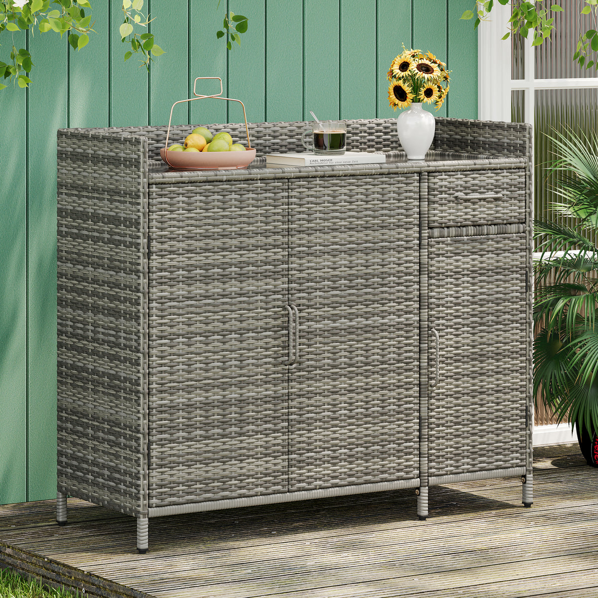 variant-group:rf-n707p233745g|Roomfitters 47.5" Wicker Outdoor Storage Cabinet, Rattan Bar Table with Glass Top, Adjustable Shelf, 3 Doors, Grey