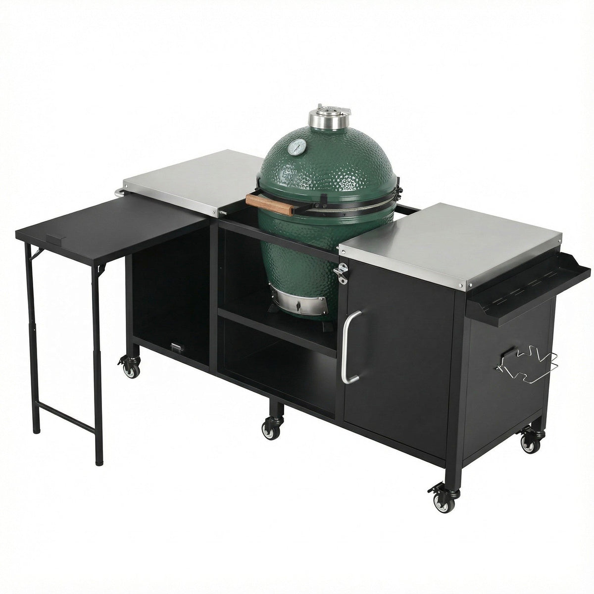 Roomfitters 72.4"W Extra Large Grill Cart, Outdoor Kitchen Prep Station with Stainless Steel Top and Folding Side Table, Black