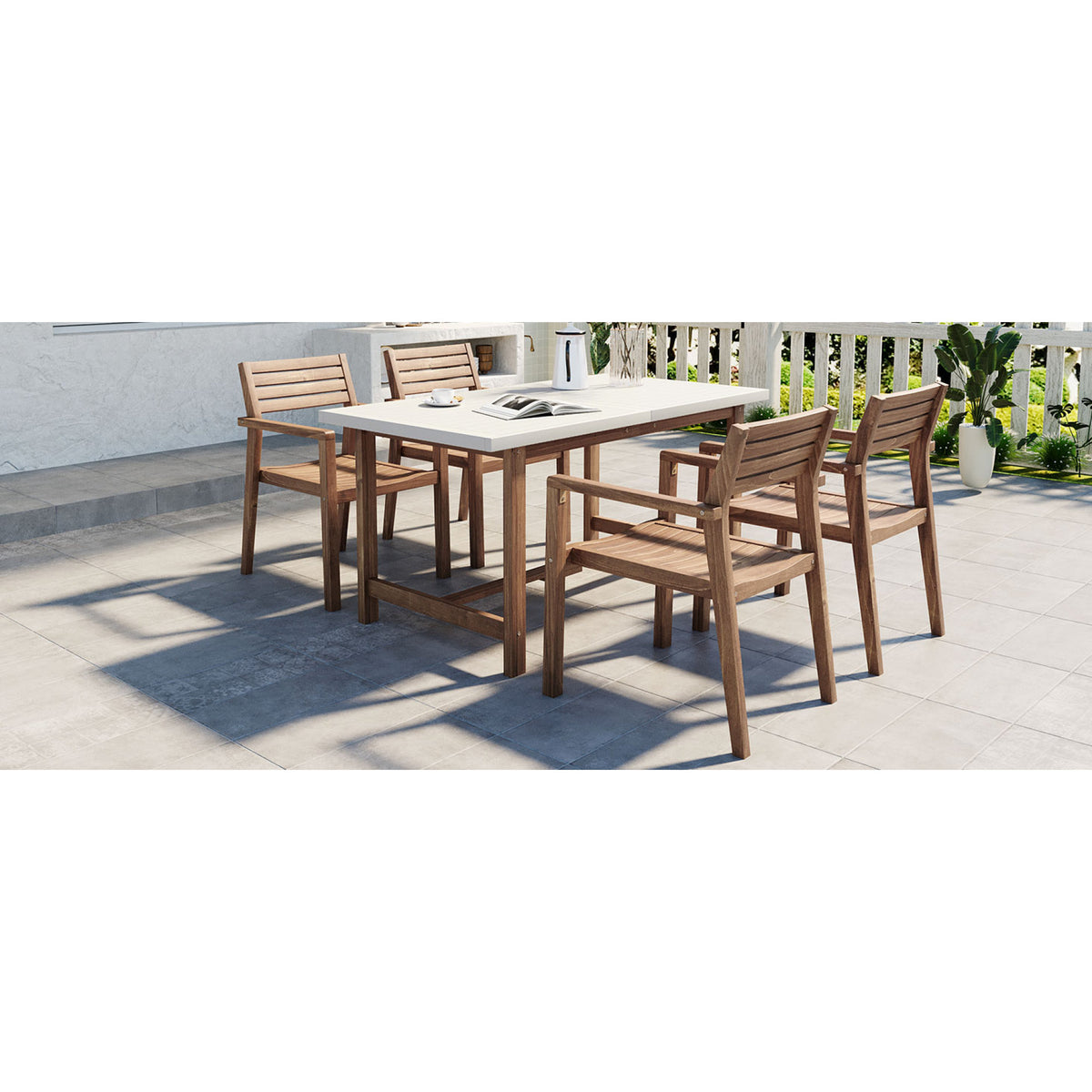 variant-group:rf-n711wy000477aad|Roomfitters Farmhouse 5-Piece Outdoor Dining Set for 4, 59-Inch Rectangular Table, Umbrella Hole, Light Grey Acacia