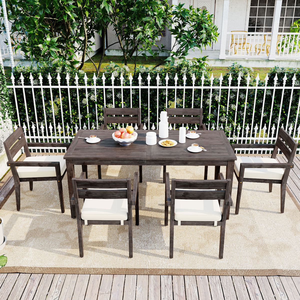 variant-group:rf-n711wy000459aae|Roomfitters 7-Piece Acacia Wood Outdoor Dining Set with Cushions, 6 Armchairs and Rectangular Table for Patio Garden, Gray