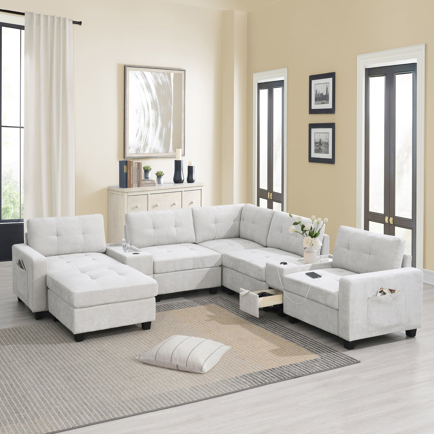 variant-group:rf-n723s1191k|Roomfitters 104 Inch Modular Sectional Sofa with Console and Cup Holders, Upholstered L-Shape Couch for Home Decor, Light Gray