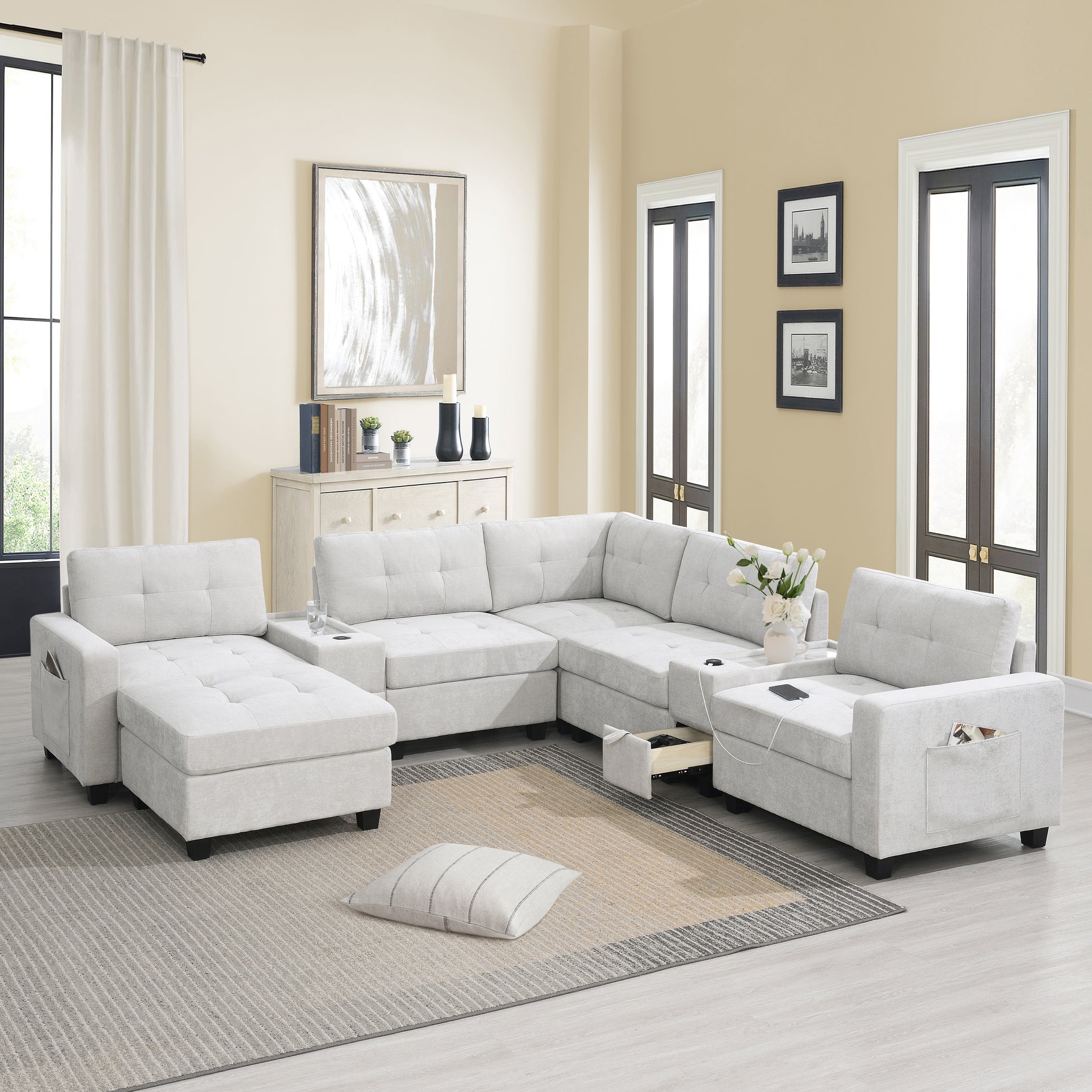 variant-group:rf-n723s1191k|Roomfitters 104 Inch Modular Sectional Sofa with Console and Cup Holders, Upholstered L-Shape Couch for Home Decor, Light Gray