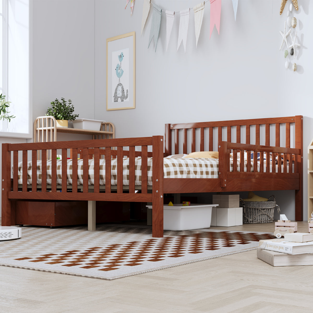 variant-group:rf-n733p172700d|Roomfitters Full Size Wood Platform Bed with Guardrails and 2 Storage Drawers, Walnut