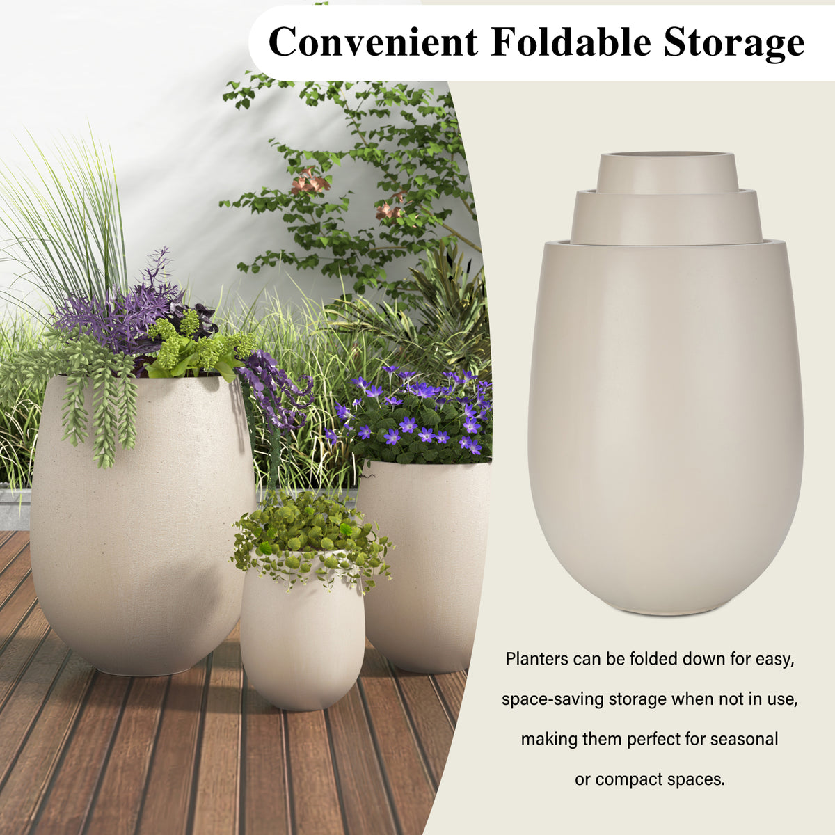 variant-group:rf-n711p406658e|Roomfitters Lightweight Round MGO Planter Set, 3-Piece Graduated Outdoor Flower Pots, Light Beige Weather-Resistant