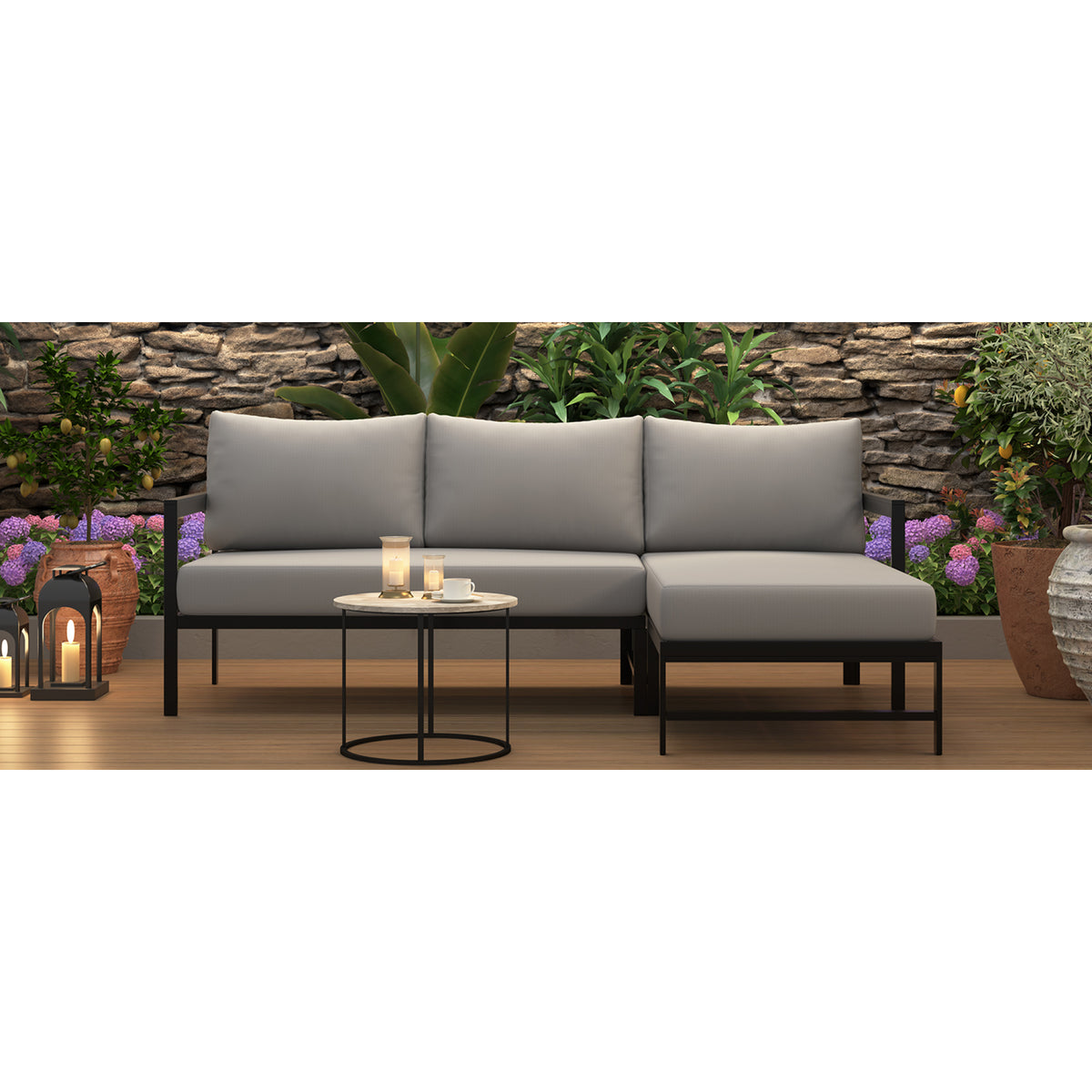 variant-group:rf-n711wy000480aae|Roomfitters Modern L-Shaped Outdoor Sectional Sofa, 3-Seater Patio Conversation Couch, Grey Cushions, Iron Frame Lounge