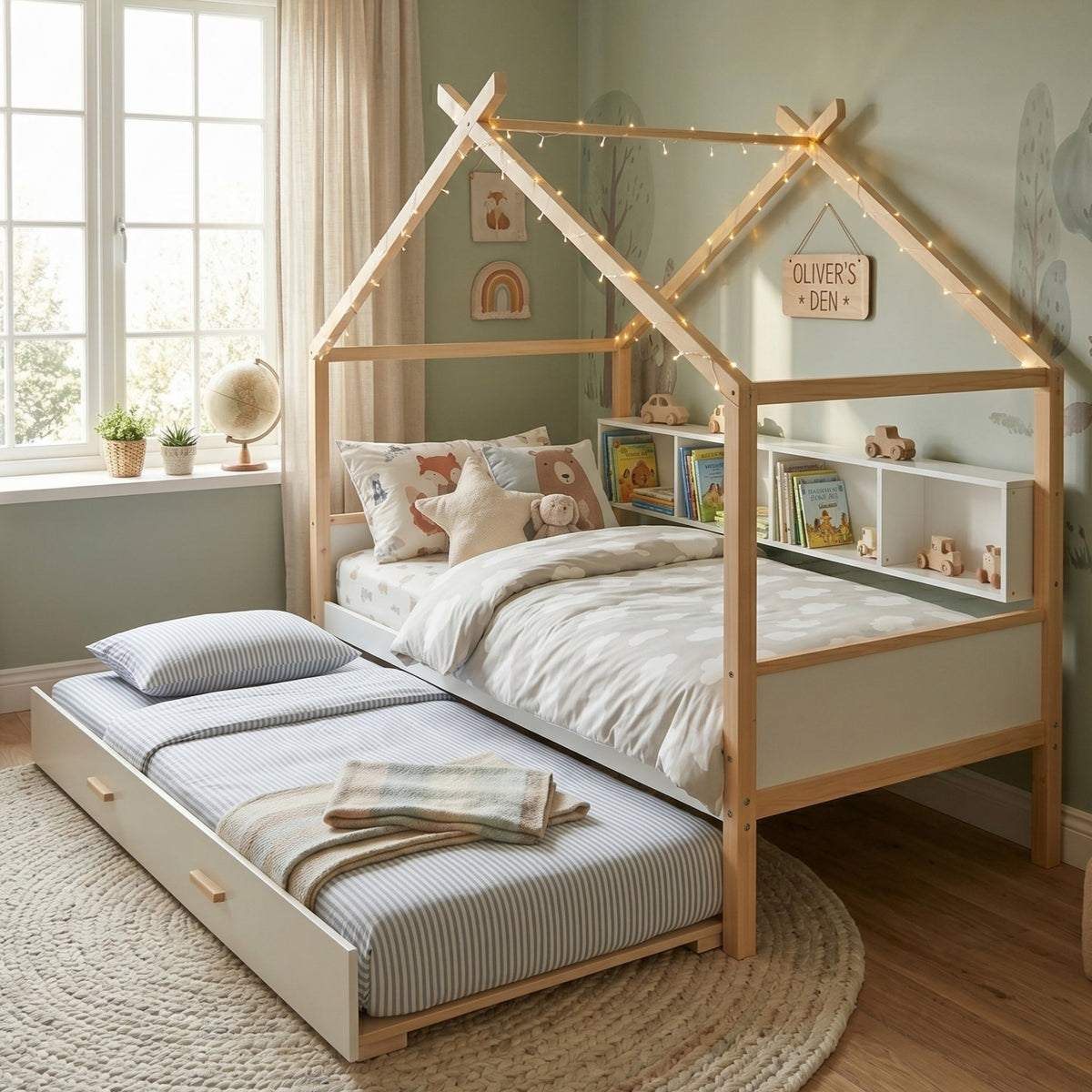 Roomfitters Twin Size Wooden House Bed Frame with Twin Trundle, Bookshelf Storage Furniture, No Box Spring, White Natural Roomfitters