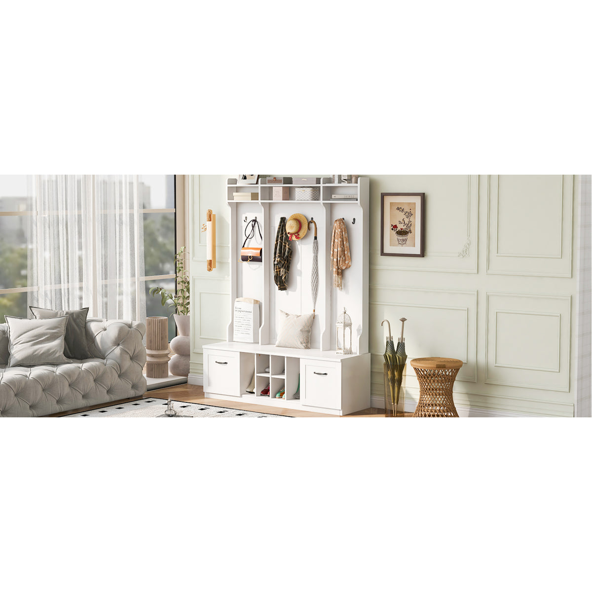 variant-group:rf-n724p235232k|Roomfitters 5-in-1 Entryway Bench with Coat Rack, Hooks, Drawers and Adjustable Shelves, Hall Tree for Hallway or Living Room, White