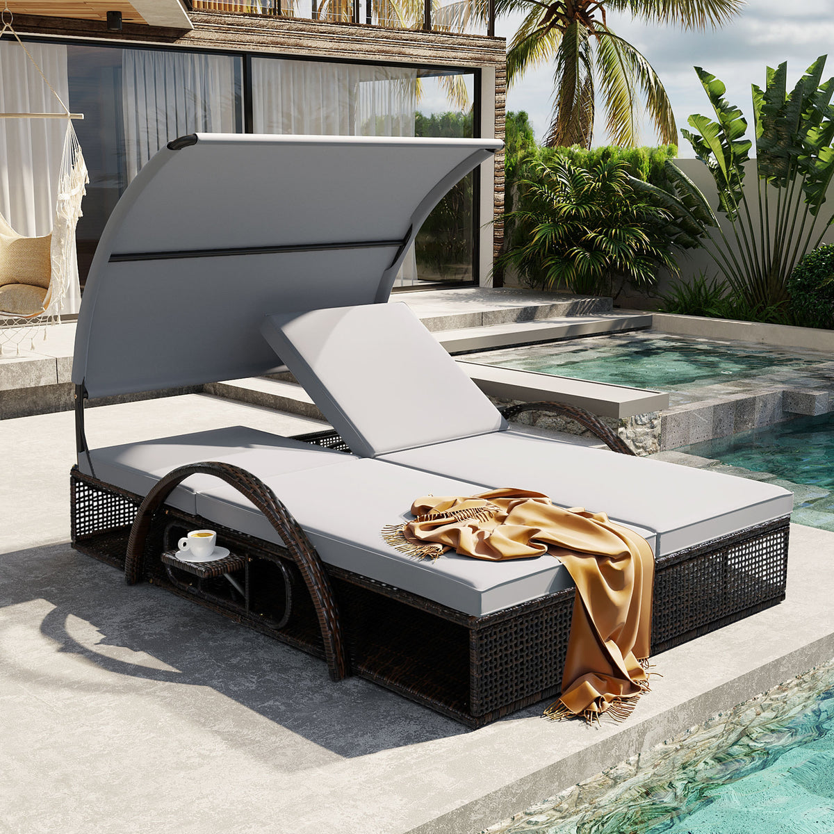 variant-group:rf-n711wy000485aae|Roomfitters Slate Grey HDPE Wicker Outdoor Double Sunbed, Steel Frame Patio Chaise, Hidden Side Tables, Canopy