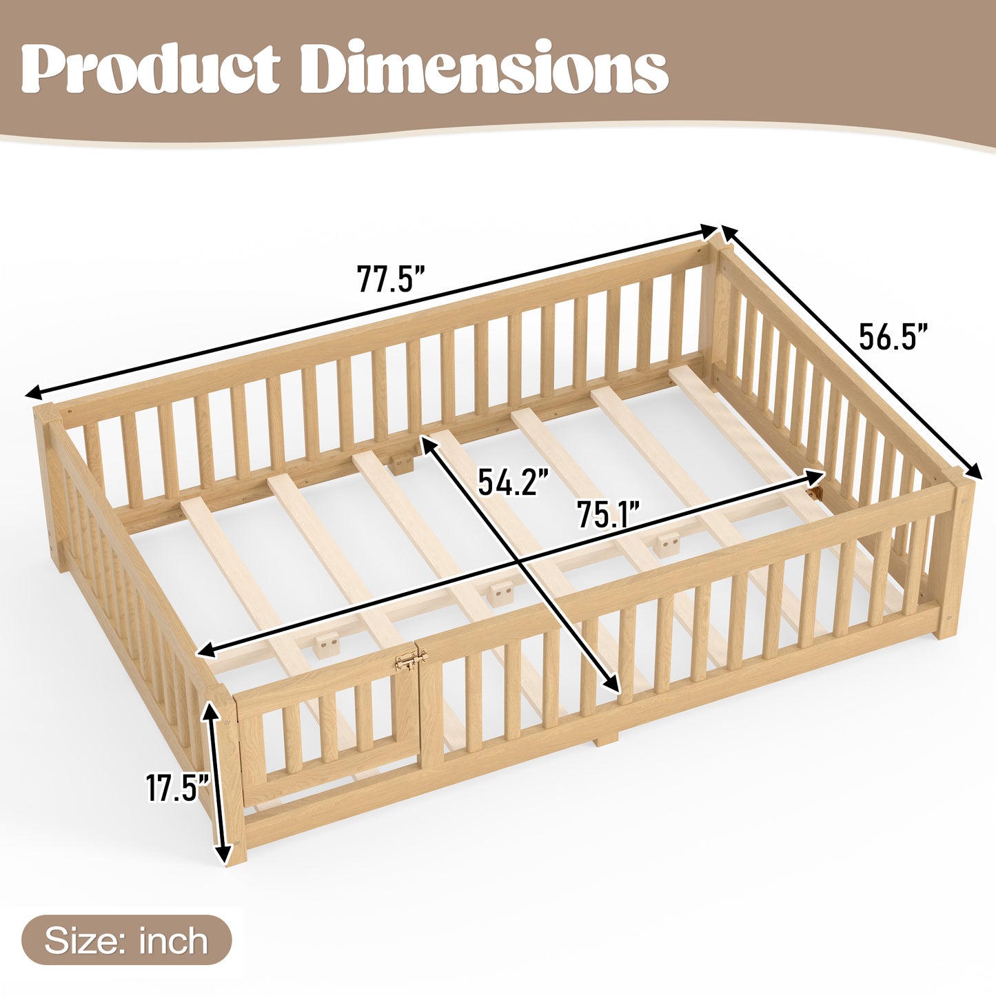 variant-group:rf-w1580p462323|Roomfitters Full Size Wooden Floor Bed Frame with Safety Guardrails Door, Solid Wood Low Profile Toddler Play Bed, Natural