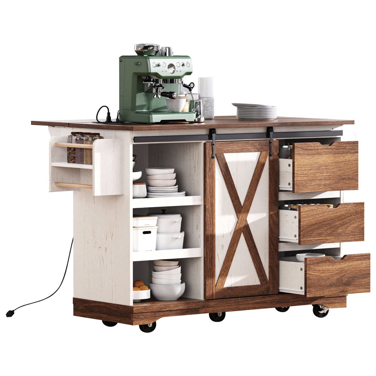 variant-group:rf-n707p288229w|Roomfitters 55.5" Rolling Kitchen Island with Drop Leaf, Mobile Kitchen Storage Cart with Sliding Barn Door, Power Outlets, White