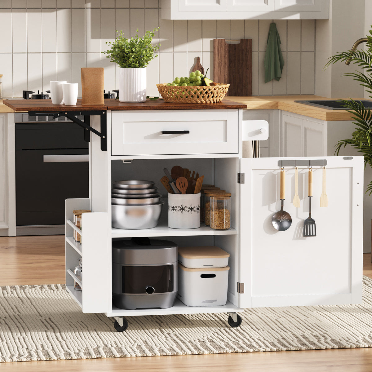 variant-group:rf-n707p404539w|Roomfitters 39.3" Kitchen Island with Drop Leaf, Rolling Kitchen Cart with Storage Drawer and Spice Rack, Modern Style, White