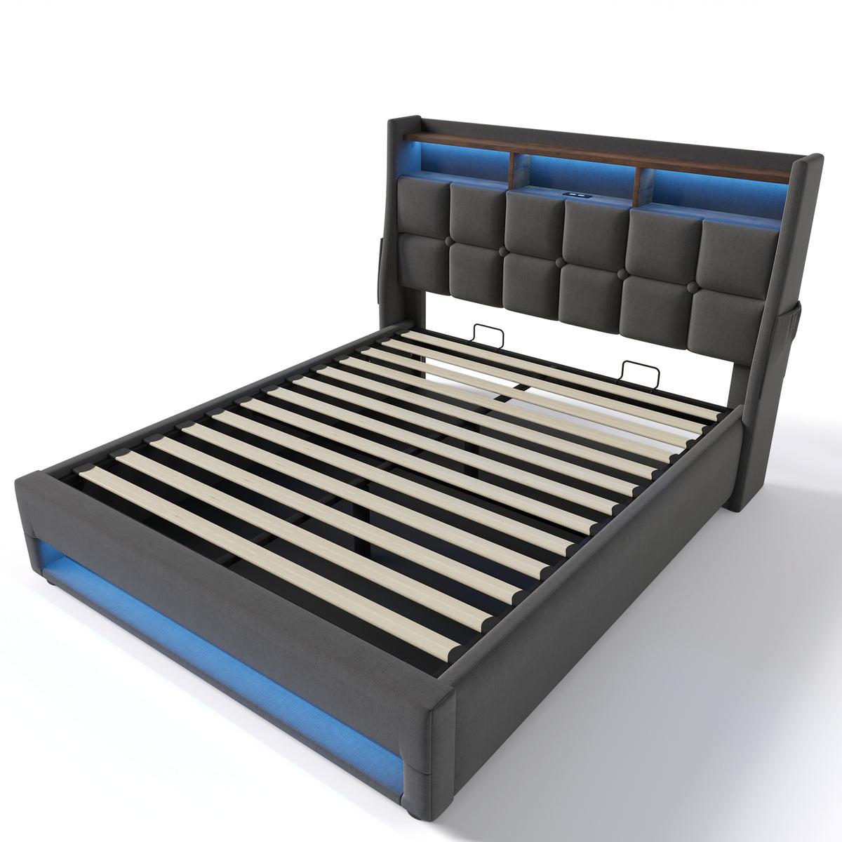 variant-group:rf-n736aa20690708g|Roomfitters Full Size Upholstered Platform Bed with Storage System, USB Charging Ports, Grey