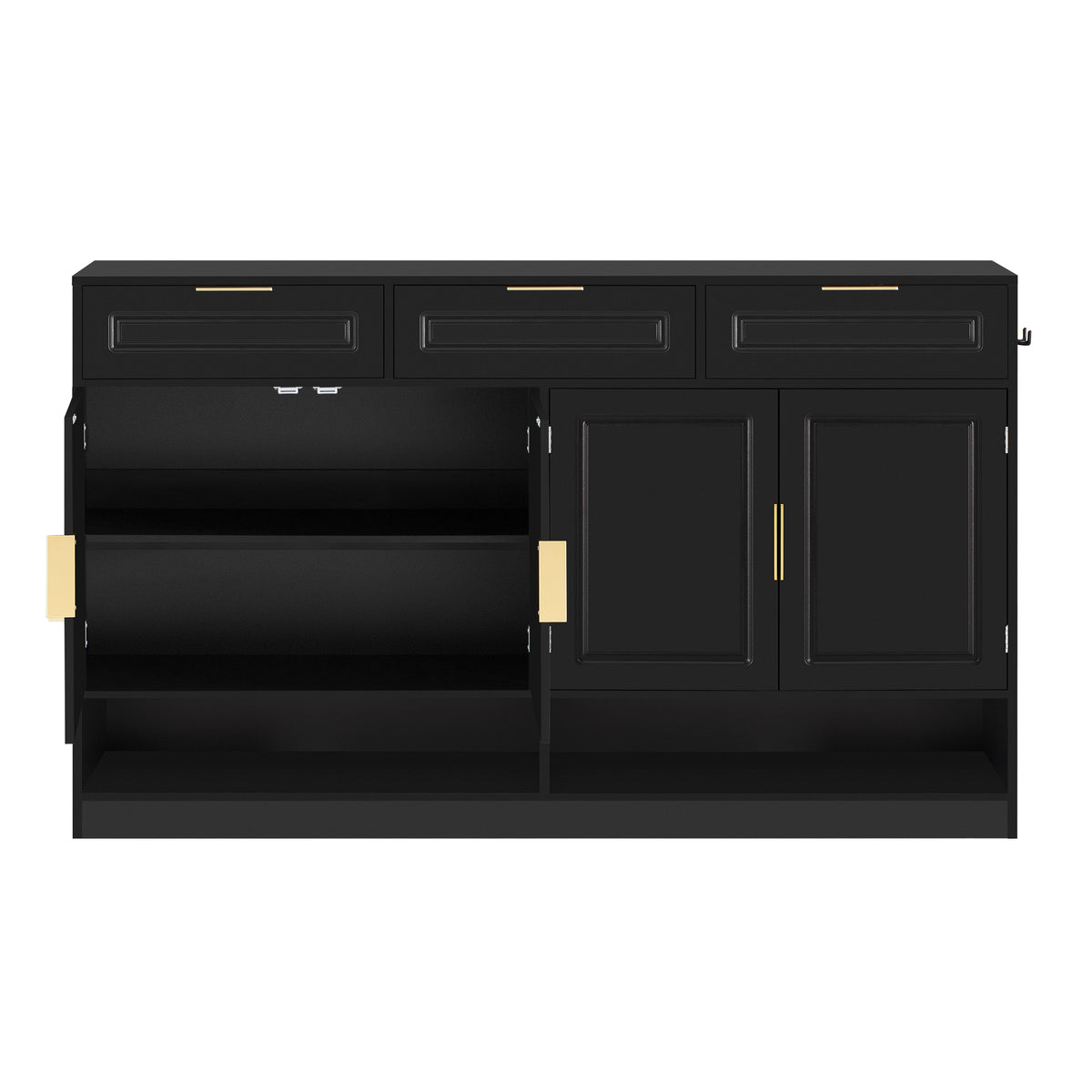 variant-group:rf-n711p345213b|Roomfitters 59.1" Farmhouse Sideboard Buffet Cabinet with 3 Drawers and 4 Doors, Kitchen Storage with Open Shelf, Black