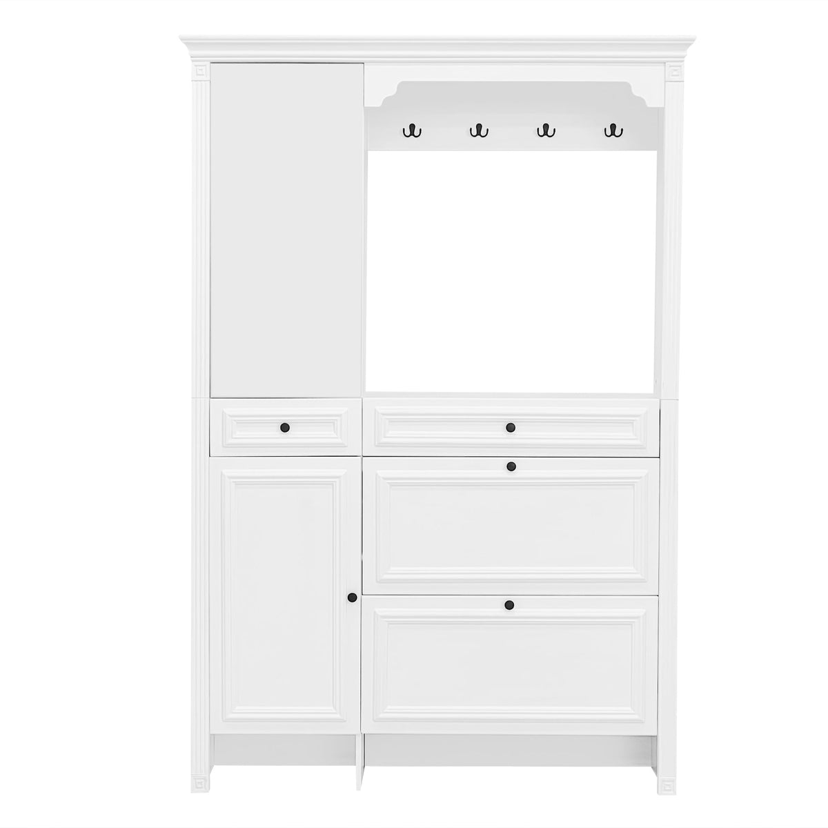 Roomfitters Hall Tree with Shoe Cabinet and Mirrored Door, 4 Hooks and Bench Storage Organizer, White Roomfitters