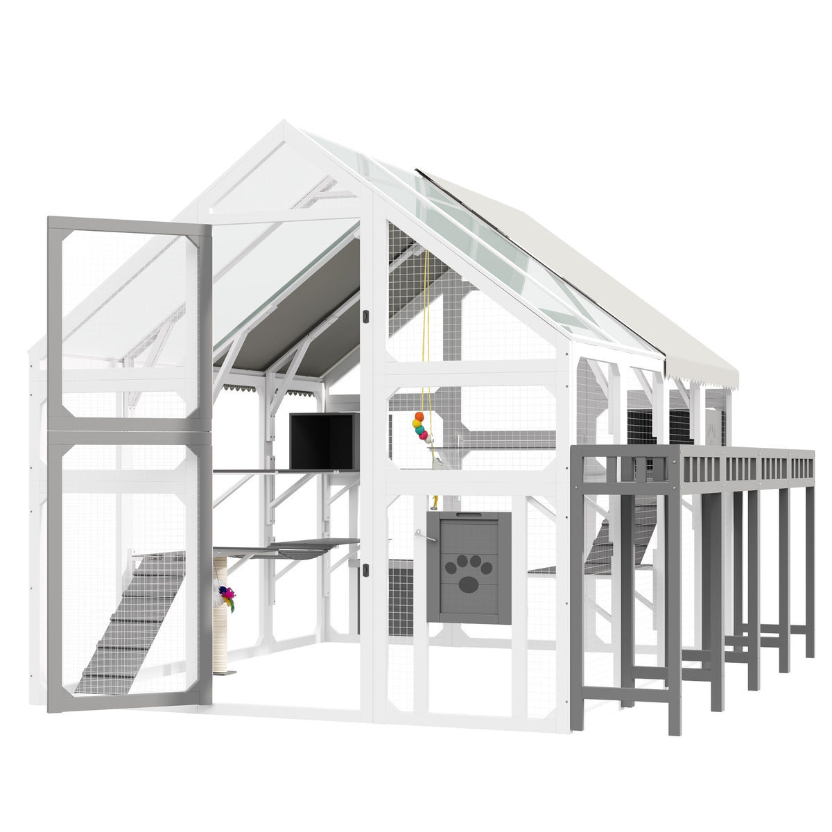 variant-group:rf-n704g201619k|Roomfitters Large Outdoor Cat House with Detachable Planter Stand and Scratching Posts Gray & White