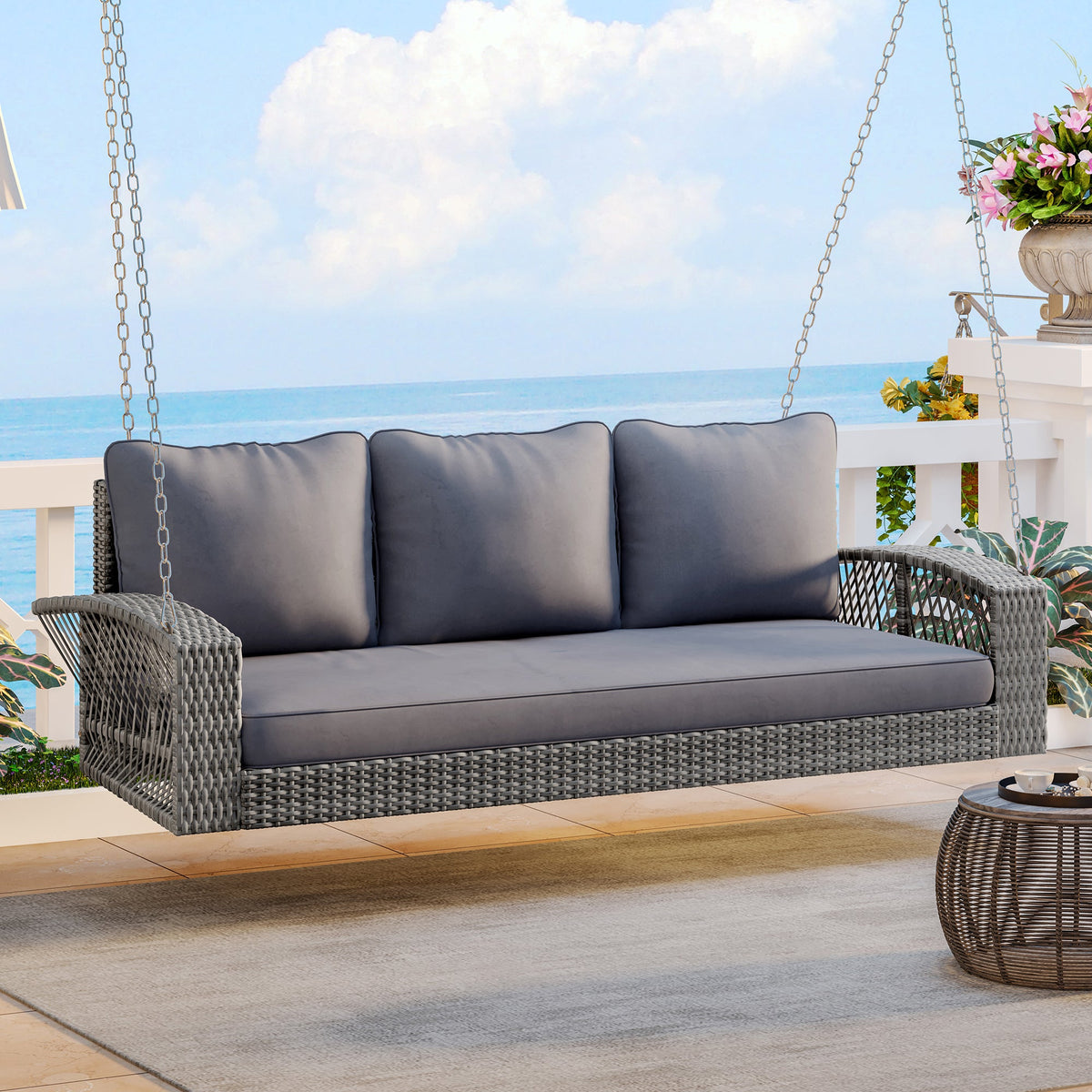 Roomfitters 69" PE Wicker 3-Person Porch Swing, Large Patio Swing Bench with Chains & Cushions, Backyard & Garden, Gray Roomfitters