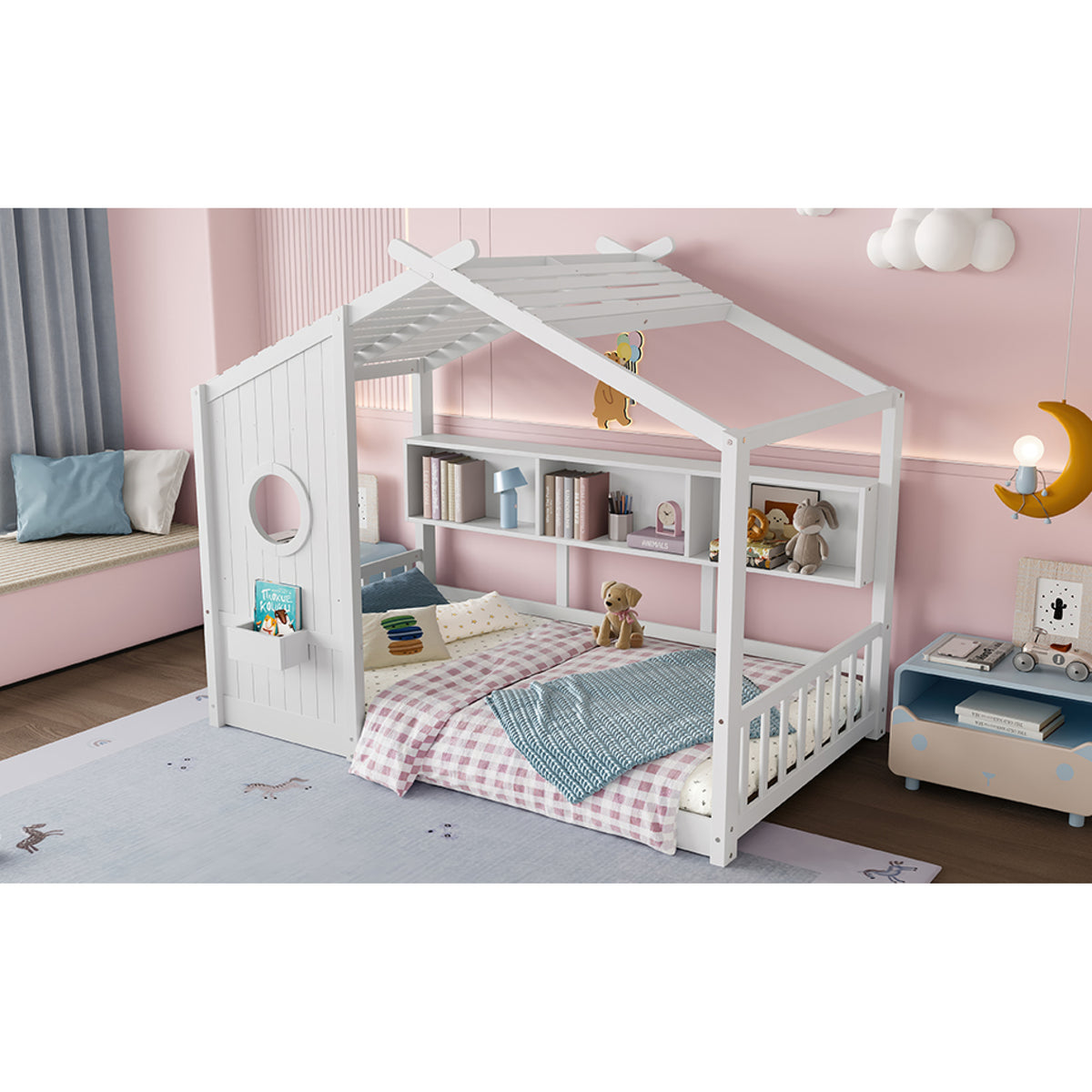 variant-group:rf-n733p335064k|Roomfitters Twin Size Floor House Bed with Storage Shelf and Roof Design, Montessori Playhouse Bed, White