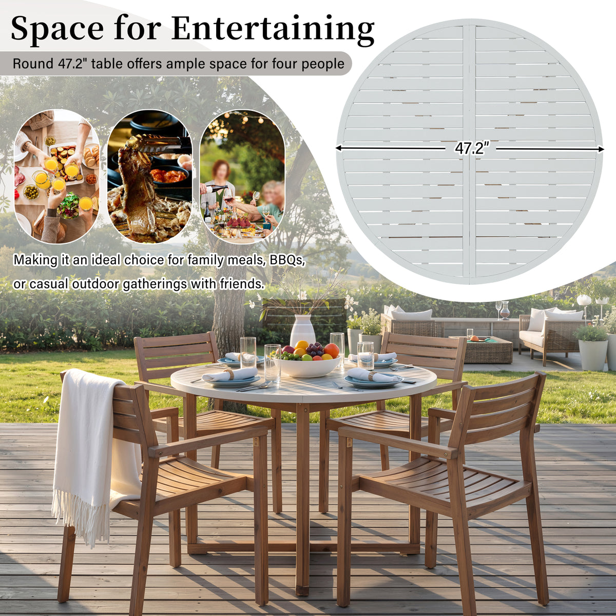 variant-group:rf-n711wy000475aad|Roomfitters 5-Piece Outdoor Dining Set for 4, 47.2-Inch Round Acacia Wood Table, Light Grey Slatted Patio Group