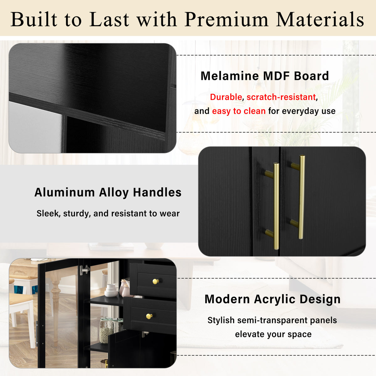 variant-group:rf-n711p437648b|Roomfitters Contemporary Black Melamine MDF Buffet Sideboard Storage Cabinet Acrylic Doors Dining Room Kitchen Console