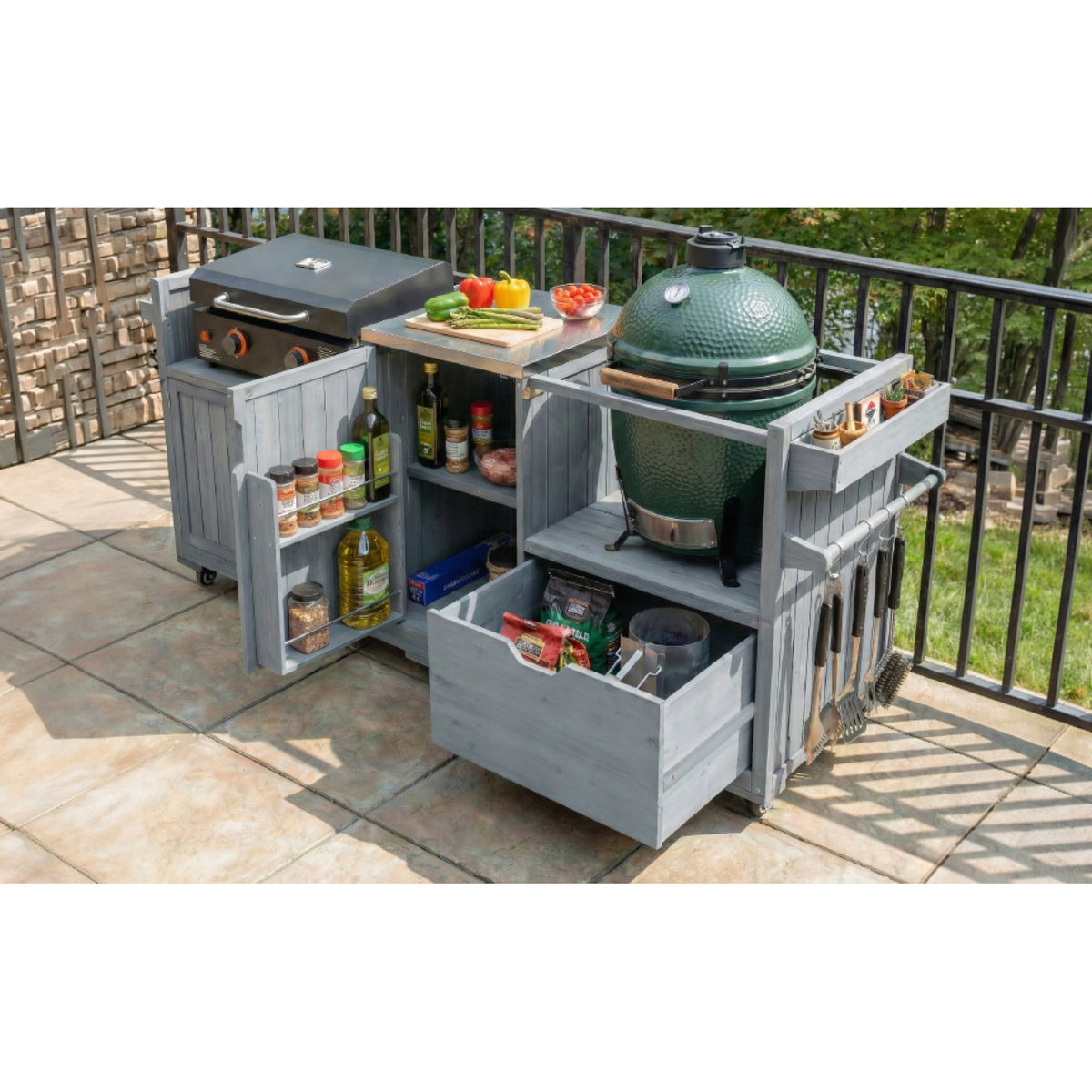 variant-group:rf-n707p392140g|Roomfitters 80.5" Extra Large Grill Cart, Outdoor Kitchen Prep Station with Stainless Steel Top & Kamado Grill Stand, Grey+Blue