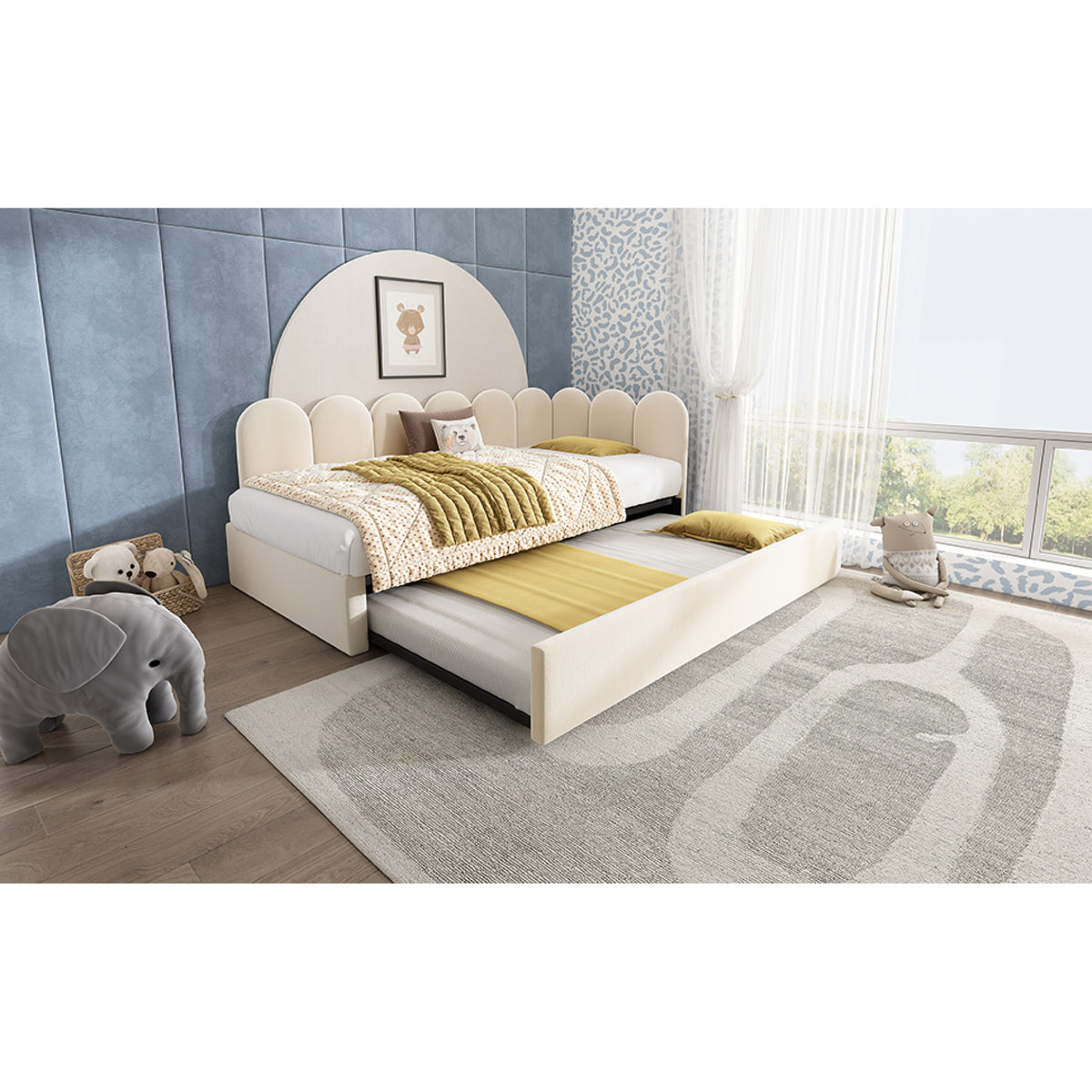 variant-group:rf-n736aa20362122b|Roomfitters Velvet Upholstered Twin Daybed with Pull Out Trundle, Sofa Bed with Metal Slat Frame, Beige