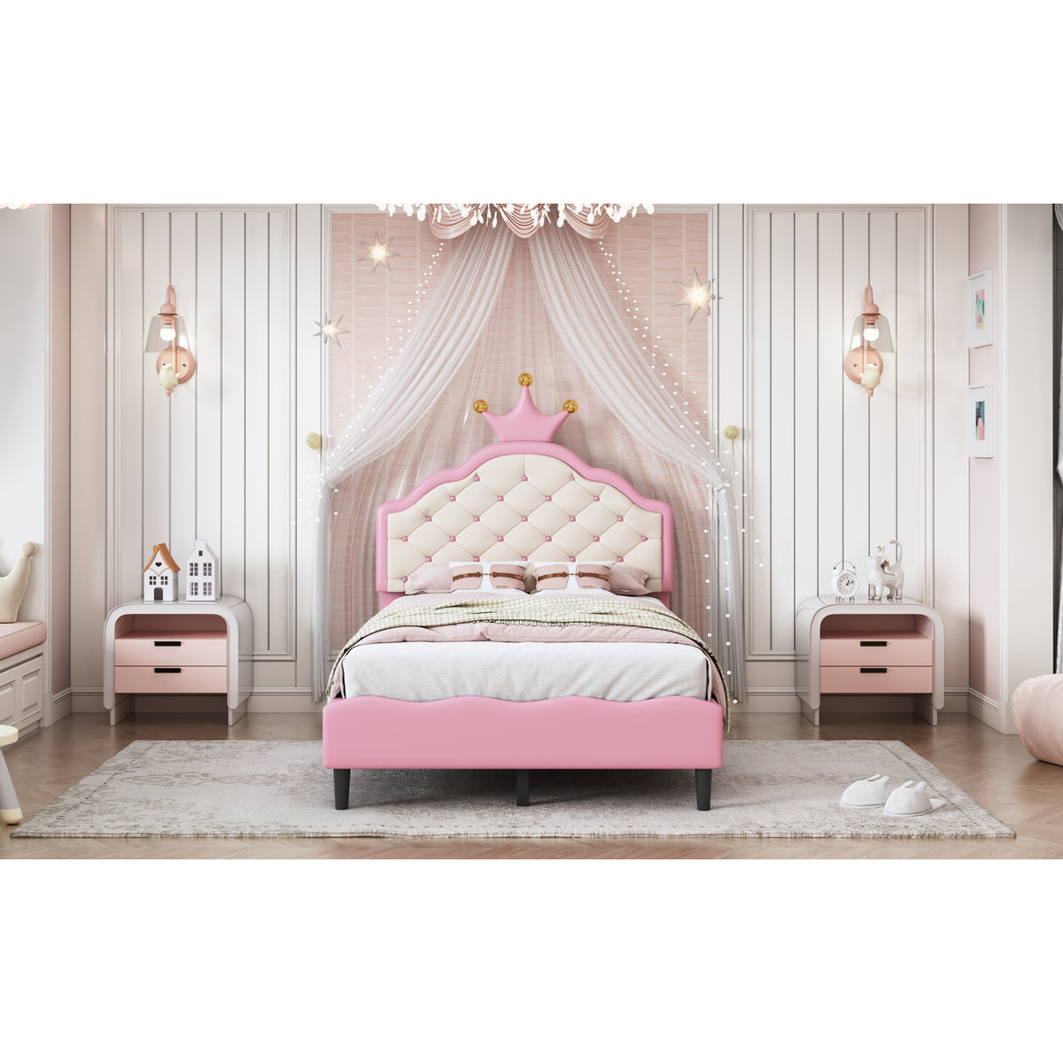 variant-group:rf-n733p198760h|Roomfitters Twin Size Upholstered Princess Bed with Crown Design, Elegant PU Leather Platform Bed with Tufted Headboard for a Stylish Bedroom, Pink + Cream