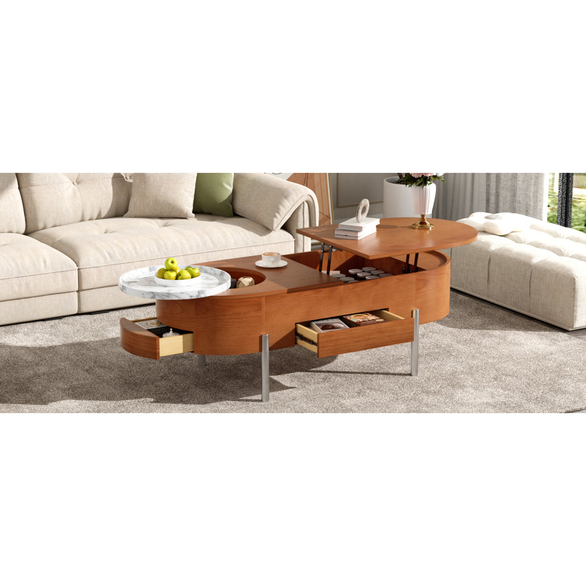variant-group:rf-n724p228920d|Roomfitters Lift Top Oval Coffee Table with Rotating Marble Tray and Hidden Compartment, Brown