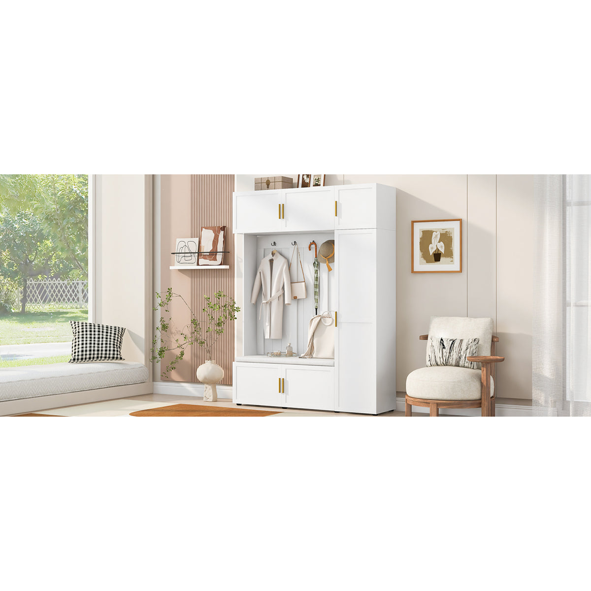 variant-group:rf-n724sj000166aak|Roomfitters American Style 4-in-1 Hall Tree, Upholstered Entryway Bench, Ancient White