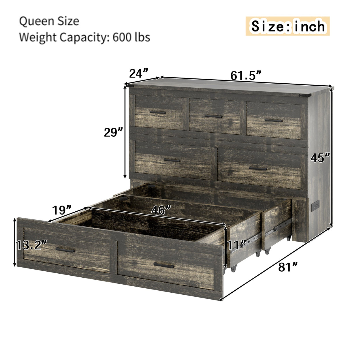 Roomfitters Queen Size Murphy Bed Cabinet with Charging Station, Foldable Platform Bed with Storage Drawer, Rustic Gray