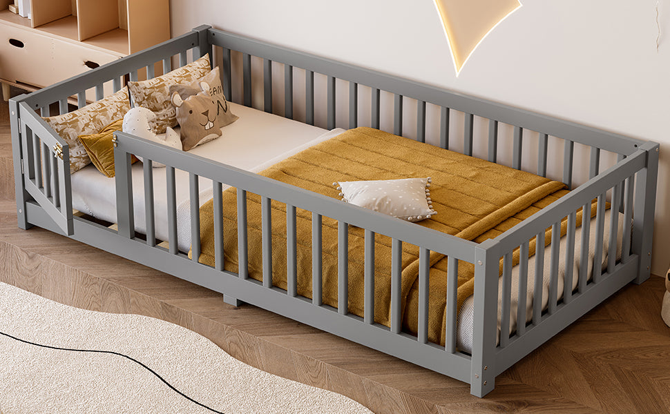 variant-group:rf-w1580p338948|Roomfitters Wooden Twin Floor Bed Frame with Door & Safety Guardrails, Low Platform Design for Bedroom or Playroom, Gray
