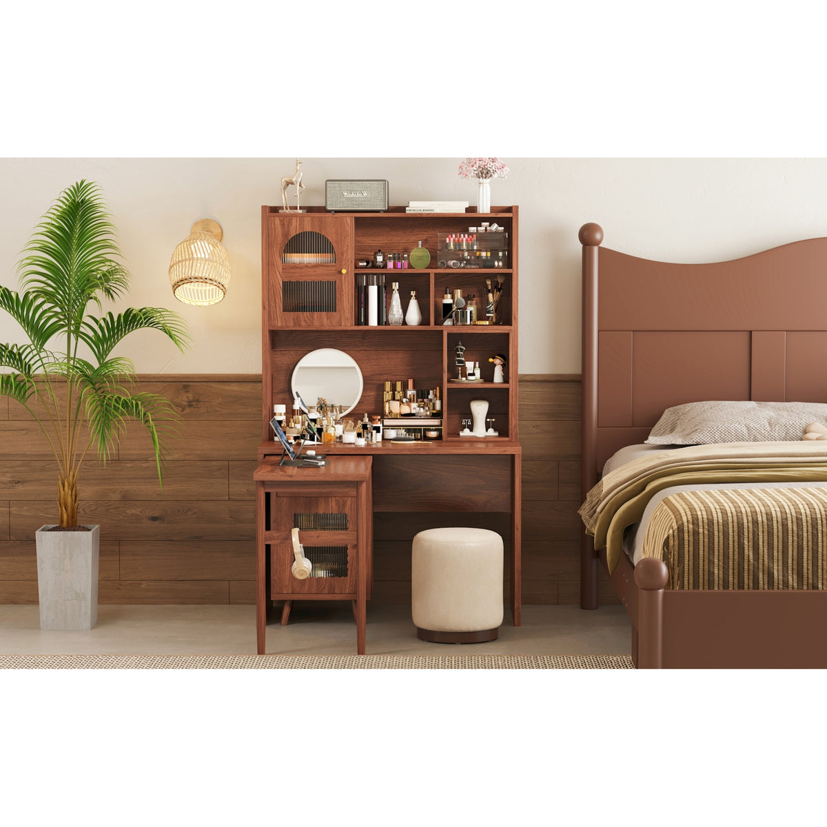 variant-group:rf-n733s363716d|Roomfitters Rotating L-Shaped Computer Desk with Shelves and Storage, 90° Swivel Office Writing Desk, Walnut