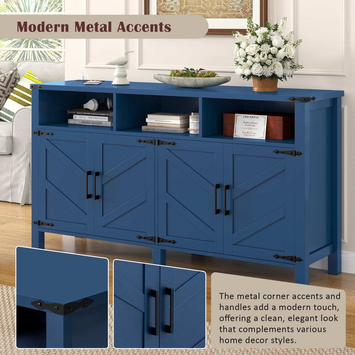 variant-group:rf-n711p347407v|Roomfitters 59" Sideboard Buffet Cabinet with 4 Door & Open Storage, Modern Farmhouse Industrial Coffee Bar Station, Navy Blue