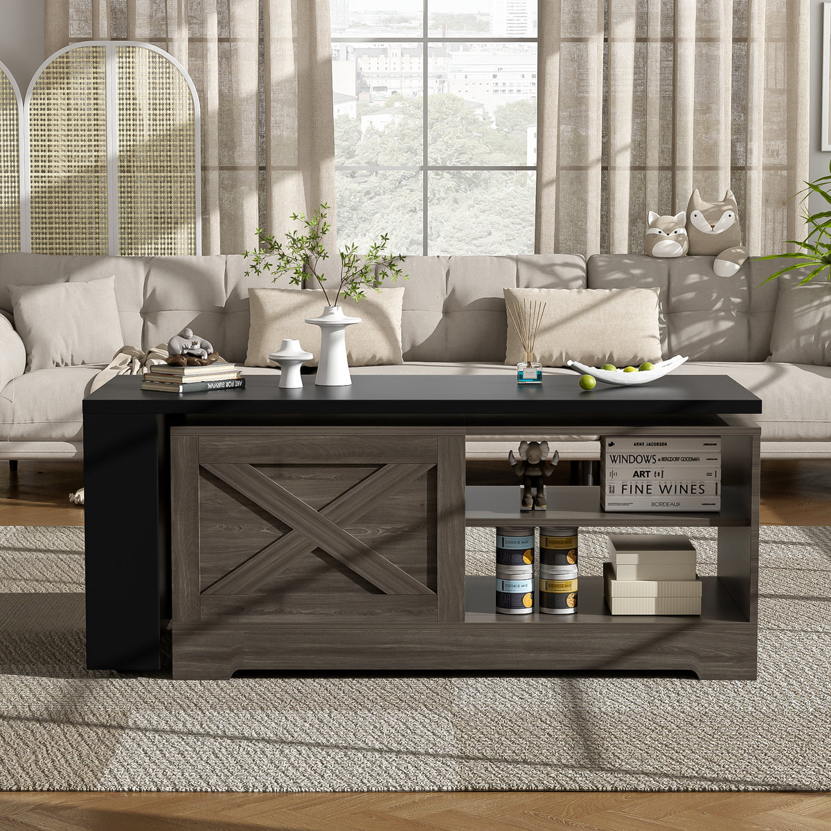 variant-group:rf-n724p351732e|Roomfitters Farmhouse Lift Top Coffee Table with Barn Doors and Outlets, Brown & Black