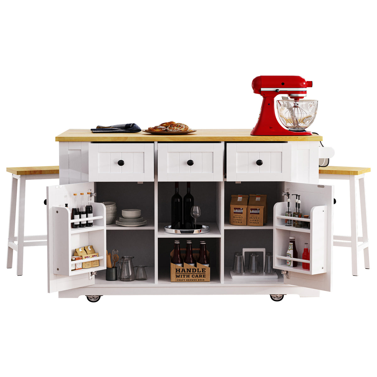 variant-group:rf-n707s003007w|Roomfitters 53" Kitchen Island with 2 Bar Stools, Drop Leaf, Power Outlet, Rolling Kitchen Cart Set with Storage, White
